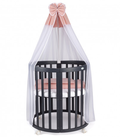 Set Patut Oval Evolutiv pentru Copii, Multifunctional, 7in1, cu Saltele, Baldachin, Lenjerie si Aparatori Laterale, Transformabil, Masa de Schimbat, Co-Sleeping, Tarc de Joaca, Birou, Scaune, Waldin, Graphite, Echipament Roz, 77