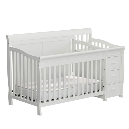 Set Patut pentru Copii, 3 in 1, Co-sleeping, cu Sertare si Masa de Schimbat, din Lemn de Pin Solid, Craft, 159 x 74 x 100 cm, Alb, cu Saltea MyKids 120 x 60 x 10 cm