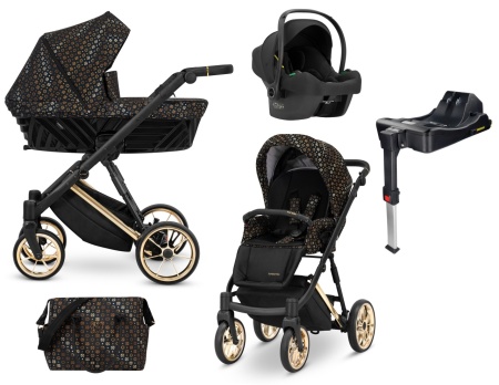 Carucior pentru copii, 4 in 1, Kunert, Ivento Premium, cadru auriu, rucsac din piele ecologica, accesorii, Black Style 01 + Scaun auto Cosmo + Adaptori + Baza isofix Dock2
