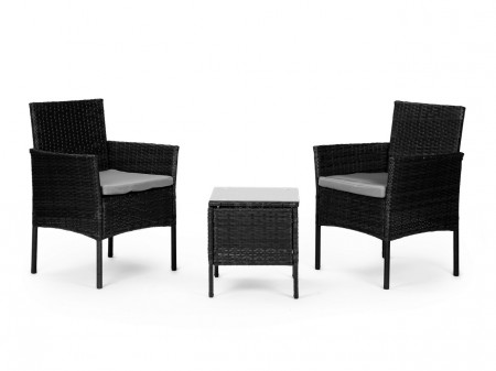 Set Mobilier pentru Gradina cu 3 Piese, 2 Scaune cu Perne si o Masuta de cafea, din Poliratan, Modern Home, XS-RTS023, Negru