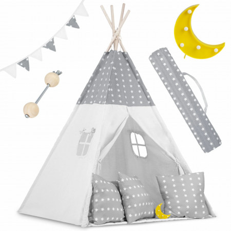 Cort de joaca pentru copii, cu fereastra, 3 perne, lumini, 120x120x165, Ricokids, Gri cu Alb si Stelute, 740400