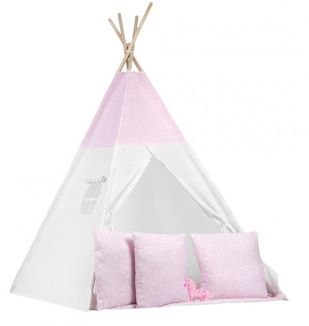 Cort de joaca pentru copii, cu fereastra, Ricokids, Pink Star, 3 perne, lumini, 120x120x165, 740403