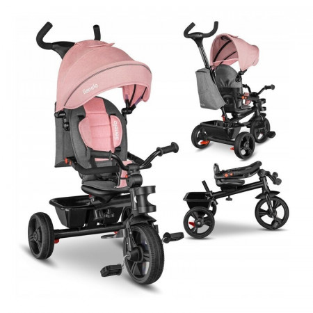 Lionelo - Tricicleta pentru copii Haari Bubblegum Suport picioare, Control al directiei, Scaun reversibil, Rotire 360 grade, Pliabila, Roz