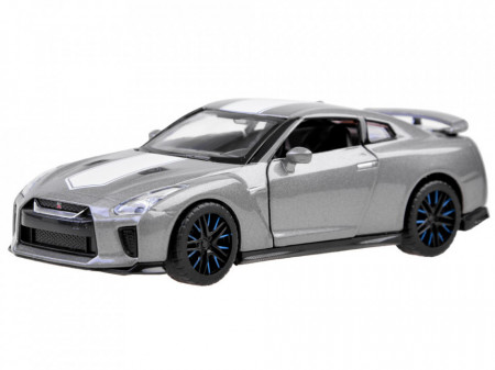 Masinuta Metalica Nisan GT-R, 1:32, cu sunete, lumini, alarma, Argintiu metalizat, 14 cm, Jokomisiada, ZA3757