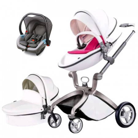 Set 3in1 - Carucior Copii Hot Mom Premium Alb 2 in 1, Pernita Roz + Scoica auto Hot Mom