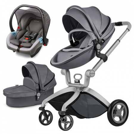 Set 3in1 - Carucior Copii Hot Mom Premium Dark Grey 2 in 1 + Scoica auto Hot Mom