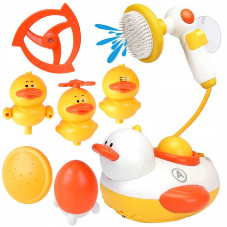 Set Jucarii pentru Baie, Ratusca plutitoare cu 3 ratuste mici si accesorii pentru dus