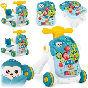 Antemergator interactiv cu 4 roti, transformabil in Masuta interactiva pentru activitati, cu panou de jucarii, sunete cu reglarea volumului, Ricokids 4in1 Albastra/Verde - Img 1