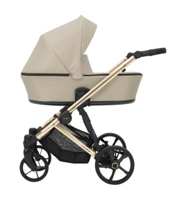 Carucior pentru copii, 2 in 1, Kunert, Arizo Premium, cadru auriu, Parasolar UV50, ventilatie, suport pahar, husa pentru picioare, rucsac din piele ecologica, spatar reglabil, sezut pivotant, husa ploaie, husa tantari, varsta intre 0 si 3 ani, Cream - Img 4