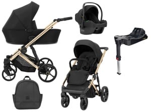 Carucior pentru copii, 4 in 1, Kunert, Arizo Premium, cadru auriu, Parasolar UV50, geanta, accesorii, varsta intre 0 si 3 ani, Negru + Scoica auto Kunert Cosmo + Adaptori + Baza isofix - Img 1