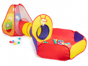 Cort de joaca pentru copii, iPlay, casuta cu tunel si piscina, 100 de bile colorate, cos pentru baschet, 300x120x100 cm, Multicolor