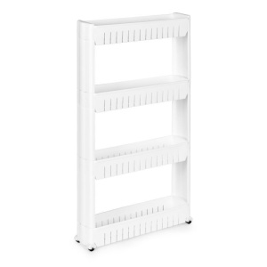 Dulap cu 4 rafturi stil biblioteca, pe roti, perfect pentru bucatarie sau baie, din plastic, 102 x 54 x 13 cm, Alb - Img 1