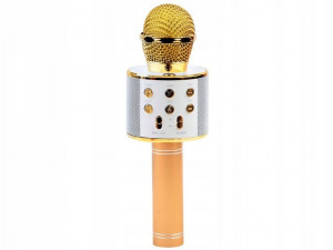Microfon wireless, cu difuzor, lumini karaoke, bluetooth, USB compatibil Android/IOS, inregistrare/redare melodii, Jokomisiada, IN0136 ZO, Alb / Auriu - Img 1