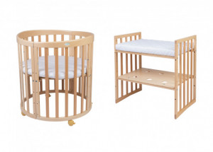 Patut Oval Evolutiv pentru Copii, Multifunctional, 7in1, Saltele Incluse, Transformabil, Masa de Schimbat, Co-Sleeping, Tarc de Joaca, Birou, Scaune, Waldin, Natural - Img 3