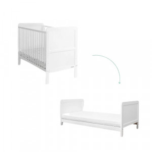 Patut Transformabil 2in1, din Lemn Masiv de Pin, MDF, 140 x 70 cm, pentru copii si junior, vopsea certificata, 3 trepte de reglare inaltime, 3 lamele detasabile, Woodies Safe Dreams, Classic, Alb - Img 1