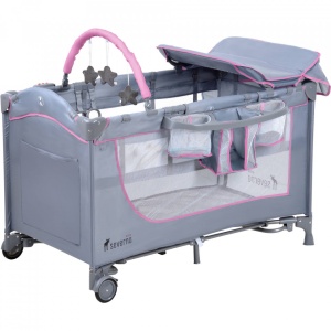 Resigilat - Patut pentru copii, pliabil cu etaj suplimentar, 120 x 60 cm, bara cu jucarii, masa de infasat, plasa de tantari, Severno, Comfort Plus, Grey Pink - Img 2