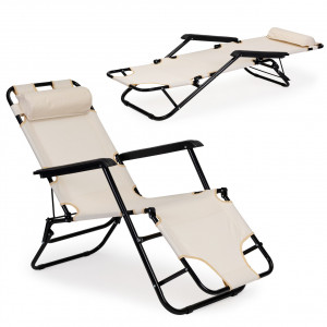 Scaun tip sezlong, pliabil, ajustabil, cu tetiera si cotiere, pentru gradina sau terasa, Modern Home, ZRL010, Beige - Img 1
