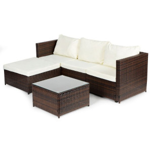 Set Coltar pentru terasa / gradina din technorattan 193x136x64 cm, masa 60x60x30 cm cu blat de sticla, perne moi, impermeabile