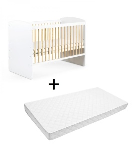 Set Patut copii din lemn KLUPS KAROLINA II Alb-Natur, cu Saltea MyKids, Cocos, 120 x 60 x 10 cm