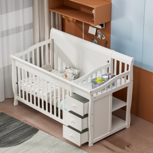 Set Patut pentru Copii, 3 in 1, Co-sleeping, cu Sertare si Masa de Schimbat, din Lemn de Pin Solid, Craft, 159 x 74 x 100 cm, Alb, cu Saltea MyKids 120 x 60 x 10 cm - Img 7