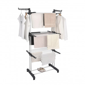 Uscator de rufe vertical, din otel, Modern Home, 171 x 50 x 73 cm, 6 brate pliabile, 2 brate pentru umerase, 4 roti, Alb/Negru - Img 4