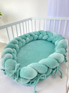 Babynest 2in1 pentru copii, cu margini impletite, din bumbac catifelat, Sparrow Velvet, Azure - Img 3