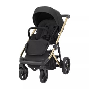 Carucior pentru copii, 2 in 1, Kunert, Arizo Premium, cadru auriu, Parasolar UV50, ventilatie, suport pahar, husa pentru picioare, rucsac din piele ecologica, spatar reglabil, sezut pivotant, husa ploaie, husa tantari, varsta intre 0 si 3 ani, Negru - Img 3