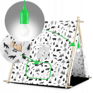 Casuta de joaca pentru copii, cu fereastra, buzunar 2 perne, lampa LED, 107 x 116 x 110 cm, Ricokids, Alba cu animale din padure - Img 4