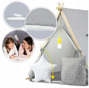 Casuta de joaca pentru copii, cu fereastra, buzunar 2 perne, lampa LED, 107 x 116 x 110 cm, Ricokids, Gri - Img 6