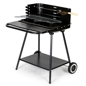 Gratar de gradina pe carbune cu rotisor, 2 roti, maner, reglare pe inaltime, 2 rafturi functionale, 53 x 34 cm, Modern Home, Negru