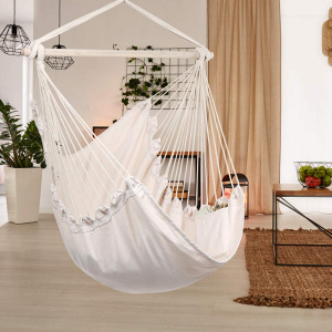 Hamac Brazilian De Gradina Tip Scaun, 130 x 96 cm, Cu 2 Perne, Bumbac/Poliester, Sarcina Max 150 kg, Pentru Casa si Gradina, Modern Home, Alb - Img 4