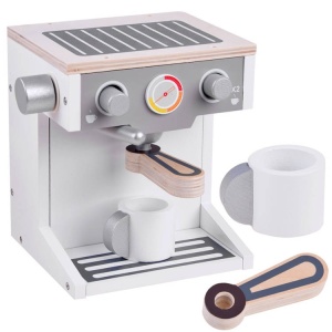 Jucarie pentru bucatarie, Aparat de cafea din lemn, electrocasnice mici, Jokomisiada, 18 x 17 x 14 cm, Alb / Gri, ZA4123