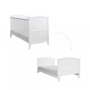 Patut Transformabil din Lemn Masiv de Pin, MDF, 140 x 70 cm, pentru copii si junior, vopsea certificata, 3 trepte de reglare inaltime, 3 lamele detasabile, Woodies Safe Dreams, Starlight , Alb - Img 6