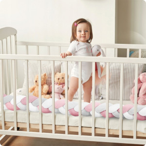 Protectie impletita pentru patut copii, 200 cm, Ricokids, Roz - Gri - Alb - Img 2