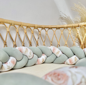 Protectie impletita pentru patut copii, din bumbac catifelat, Sparrow, Velvet Eucalipt Flowers, 340 cm, Full 120 x 60 cm - Img 4