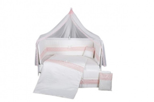 Set Lenjerie pentru patut copii 120 x 60 cm, 11 piese, cu baldachin, Crem - Roz