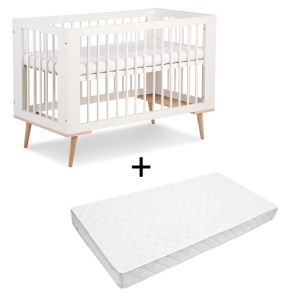 Set Patut copii din lemn KLUPS SOFIE Alb, cu Saltea MyKids, Cocos, 120 x 60 x 10 cm