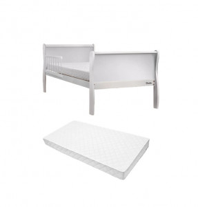 Set Patut pentru copii, din lemn masiv de Pin, 140 x 70 cm, protectii laterale incluse, Woodies Safe Dreams, Noble, Todler, Alb cu Saltea pentru patut copii, Mykids, Cocos, Confort II, 140 x 70 x 10 cm - Img 1