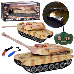Tanc de lupta cu telecomanda, 38 x 11 x 12 cm, camuflaj de desert, cu lumini, rotatie 360, Jokomisiada, RC0611