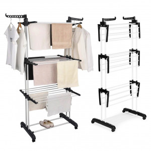 Uscator de rufe vertical, din otel, Modern Home, 171 x 50 x 73 cm, 6 brate pliabile, 2 brate pentru umerase, 4 roti, Alb/Negru - Img 5