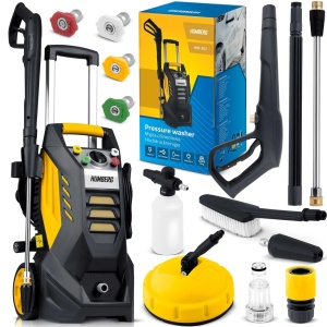 Aparat de spalat cu presiune Humberg HM-301, 2500 W, 350 bar presiune EW, 480 l/h debit maxim, pistol de presiune StopAnd Safe, perie, duza TurboStream, 4 duze interschimbabile, Furtun de presiune 10 m, rola furtun, flacon 500 ml, cablu alimentare 5 m - Img 4