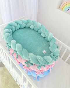 Babynest 2in1 pentru copii, cu margini impletite, din bumbac catifelat, Sparrow Velvet, Azure - Img 4