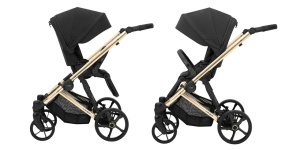 Carucior pentru copii, 2 in 1, Kunert, Arizo Premium, cadru auriu, Parasolar UV50, ventilatie, suport pahar, husa pentru picioare, rucsac din piele ecologica, spatar reglabil, sezut pivotant, husa ploaie, husa tantari, varsta intre 0 si 3 ani, Negru - Img 4