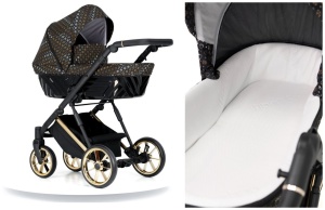 Carucior pentru copii, 2 in 1, Kunert, Ivento Premium, cadru auriu, ventilatie, suport pahar, husa pentru picioare, rucsac din piele ecologica, spatar reglabil, sezut pivotant, husa ploaie, husa tantari, Black Style 01 - Img 7