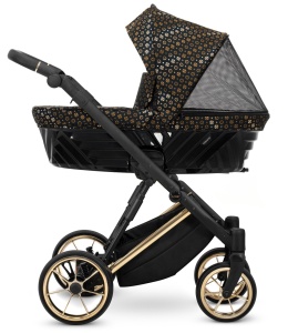 Carucior pentru copii, 3 in 1, Kunert, Ivento Premium, cadru auriu, rucsac din piele ecologica, accesorii, Black Style 01 + Scaun auto Cosmo + Adaptori - Img 7