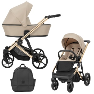 Carucior pentru copii, 4 in 1, Kunert, Arizo Premium, cadru auriu, Parasolar UV50, geanta, accesorii, varsta intre 0 si 3 ani, Cream + Scoica auto Kunert Cosmo + Adaptori + Baza isofix Dock2 - Img 2