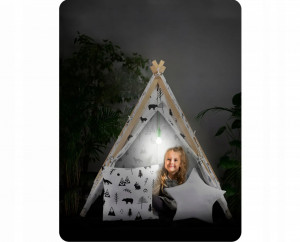 Casuta de joaca pentru copii, cu fereastra, buzunar 2 perne, lampa LED, 107 x 116 x 110 cm, Ricokids, Alba cu animale din padure - Img 5