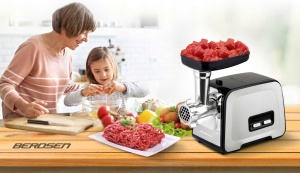 Masina electrica profesionala de tocat carne, Berdsen, 1200W, 1.2 kg/min, accesorii pentru tocat si feliat, Neagra/Gri - Img 2