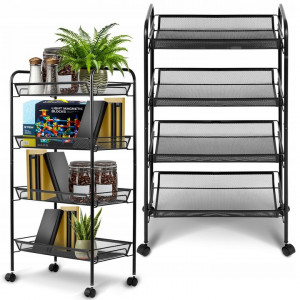Raft de depozitare metalic mobil cu roti pivotante, 4 rafturi, Massido, 48 x 31 x 84 cm, pentru magazie, garaj, depozit, sala de sport, greutate maxima 24 kg, Negru - Img 3
