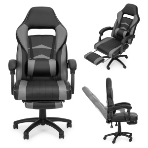 Scaun de Gaming cu suport pentru picioare, Perna Lombara, Modern Home, Piele Ecologica, Cotiere Confortabile, Gri&Negru, VGC-3G